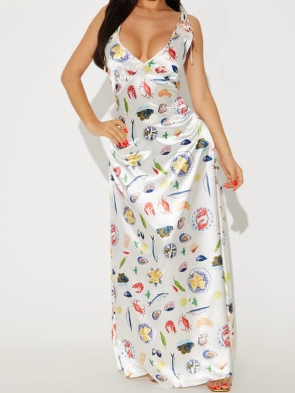 Fashion Nova White Satin Maxi Dress with Multicolor Sea Life Print
